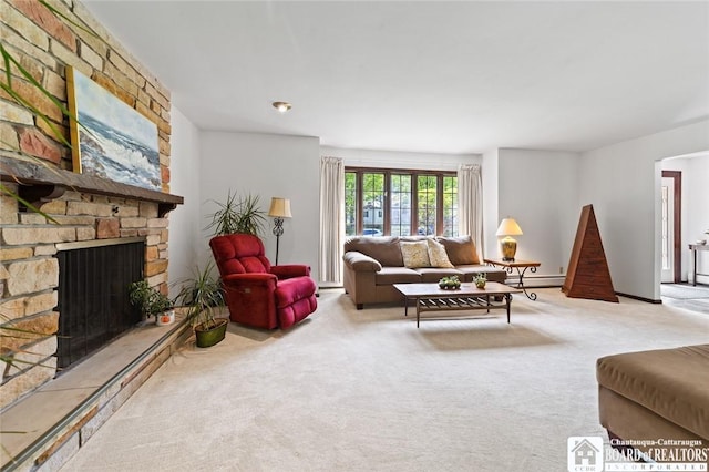 24 Castile Dr, Pomfret, NY 14063 - living area featuring carpet floors, a baseboard heating unit, and a stone fireplace