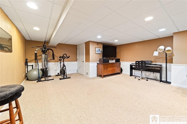24 Castile Dr, Pomfret, NY 14063 - workout room featuring carpet floors, a wainscoted wall, and recessed lighting