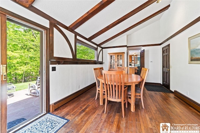 24 Castile Dr, Pomfret, NY 14063 - dining space featuring a baseboard heating unit, beamed ceiling, dark wood finished floors, high vaulted ceiling, and baseboards