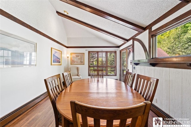 24 Castile Dr, Pomfret, NY 14063 - dining room with wood-type flooring, a baseboard radiator, healthy amount of natural light, and a textured ceiling