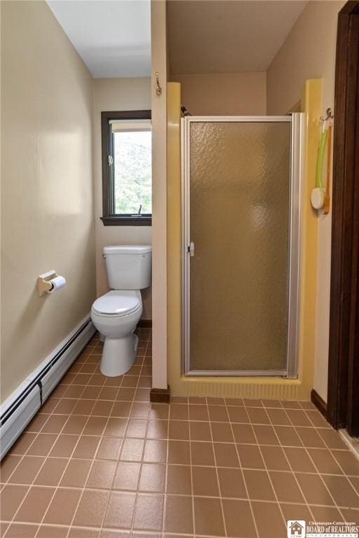 24 Castile Dr, Pomfret, NY 14063 - full bathroom featuring baseboard heating, toilet, a stall shower, and tile patterned floors
