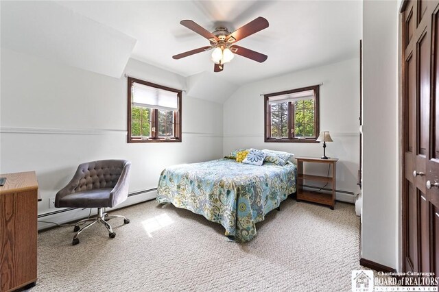 24 Castile Dr, Pomfret, NY 14063 - bedroom with carpet flooring, multiple windows, baseboard heating, lofted ceiling, and a ceiling fan