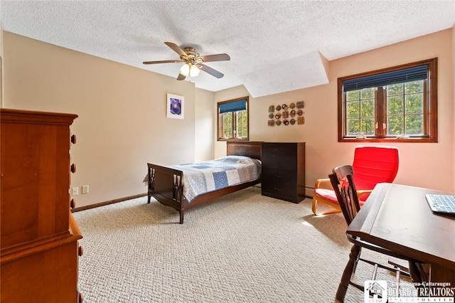 24 Castile Dr, Pomfret, NY 14063 - bedroom with carpet flooring, a textured ceiling, baseboards, ceiling fan, and a desk