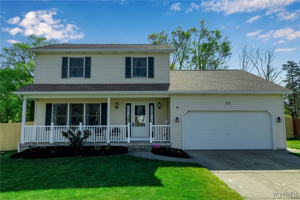 73 Michaels Walk, Lancaster, NY 14086 - view of front of property featuring a porch, driveway, a garage, and a front yard
