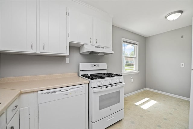 kitchen featuring under cabinet range hood, white appliances, baseboards, white cabinetry, and light countertops