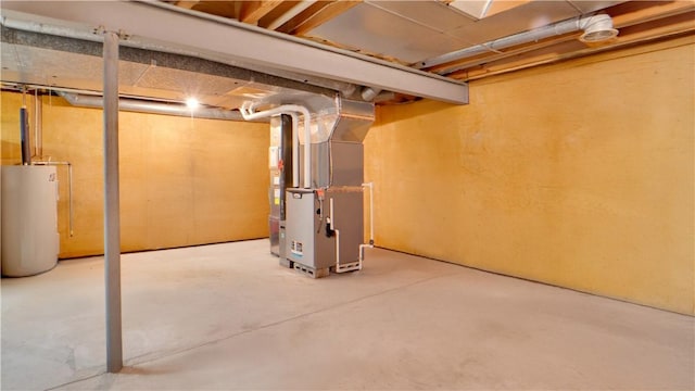 unfinished basement featuring water heater and heating unit