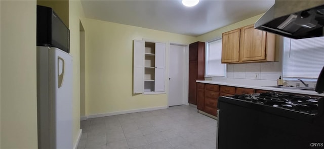 221 Grace St, Syracuse, NY 13204 - kitchen featuring extractor fan, light countertops, black gas range, freestanding refrigerator, and baseboards