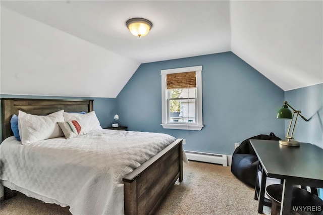 carpeted bedroom with a baseboard radiator, vaulted ceiling, and baseboards