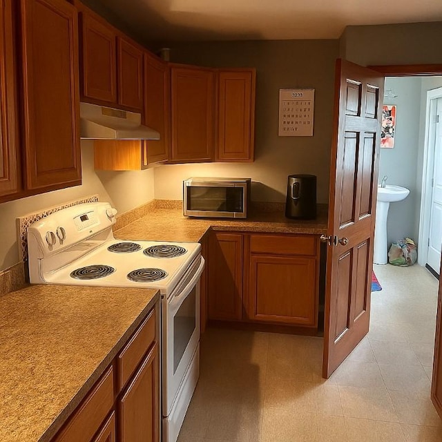 616 Reynolds St, Elmira-City, NY 14904 - kitchen featuring electric range, under cabinet range hood, stainless steel microwave, brown cabinets, and a sink