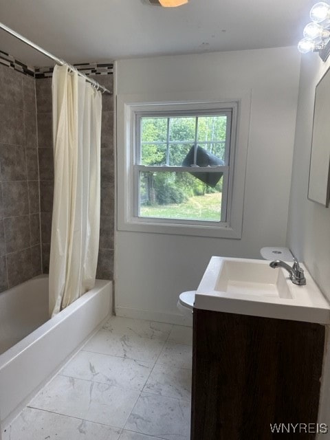 10713 Sisson Hwy, North Collins, NY 14057 - full bath with vanity, marble finish floors, shower / bathtub combination with curtain, and toilet