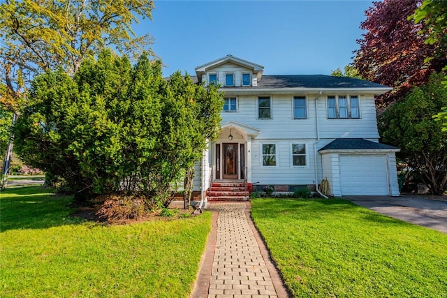 view of front facade featuring a garage, driveway, and a front lawn