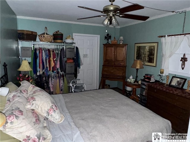 214 Hazzard St, Jamestown, NY 14701 - carpeted bedroom featuring crown molding and ceiling fan