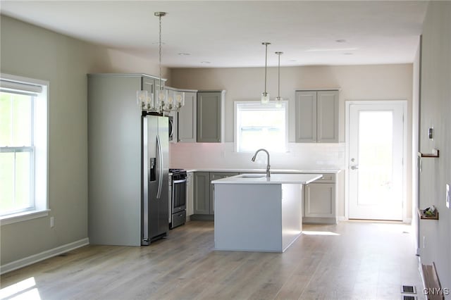 522 Chenango Hill Dr, Hamilton, NY 13346 - kitchen featuring gray cabinetry, a center island with sink, a sink, and plenty of natural light