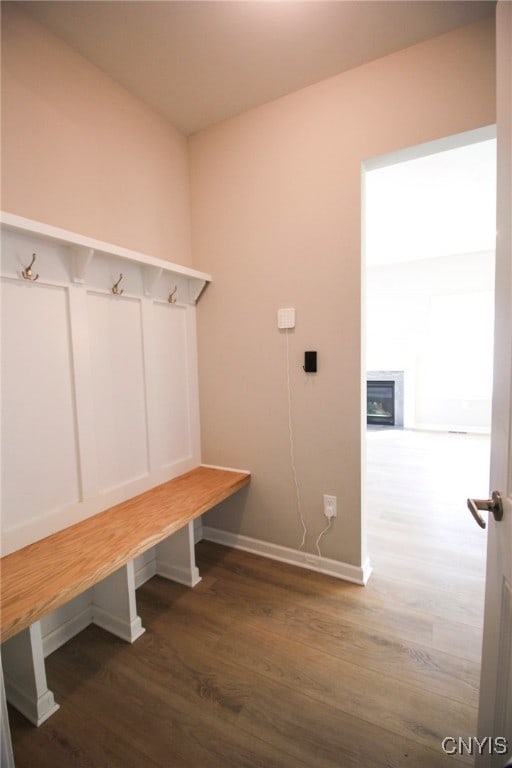 522 Chenango Hill Dr, Hamilton, NY 13346 - mudroom with wood finished floors, a fireplace, and baseboards