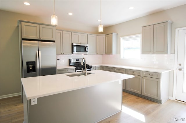 522 Chenango Hill Dr, Hamilton, NY 13346 - kitchen with appliances with stainless steel finishes, gray cabinets, light wood-style flooring, backsplash, and recessed lighting