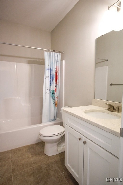 522 Chenango Hill Dr, Hamilton, NY 13346 - bathroom featuring toilet, shower / bathtub combination with curtain, vanity, and tile patterned floors