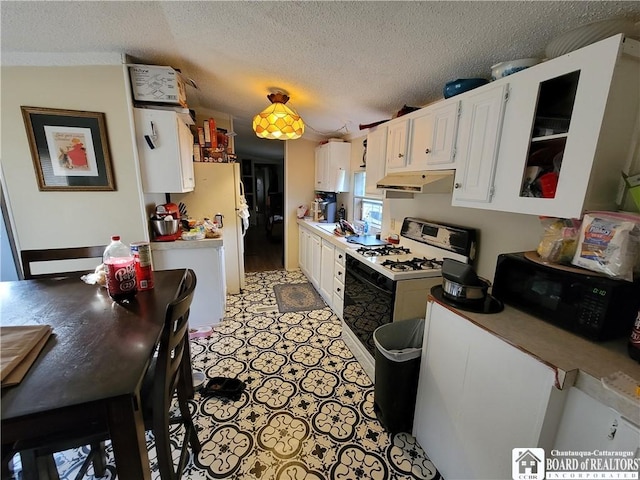 584 Warren Rd, Carroll, NY 14738 - kitchen with white appliances, under cabinet range hood, light countertops, white cabinetry, and a textured ceiling