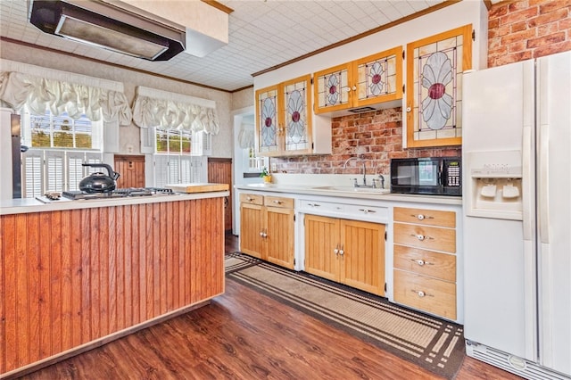 187 Clark St, Canandaigua-City, NY 14424 - kitchen featuring white fridge with ice dispenser, black microwave, a sink, gas stovetop, and light countertops