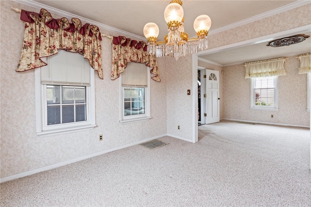 187 Clark St, Canandaigua-City, NY 14424 - empty room with a chandelier, carpet, ornamental molding, and wallpapered walls
