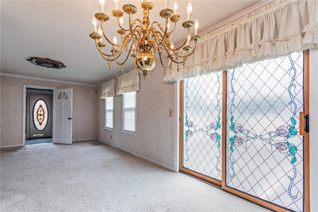 187 Clark St, Canandaigua-City, NY 14424 - unfurnished dining area featuring crown molding, a chandelier, light colored carpet, a textured ceiling, and baseboards