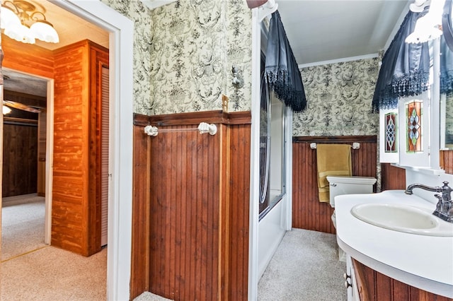 187 Clark St, Canandaigua-City, NY 14424 - full bathroom featuring wallpapered walls, wainscoting, crown molding, vanity, and toilet