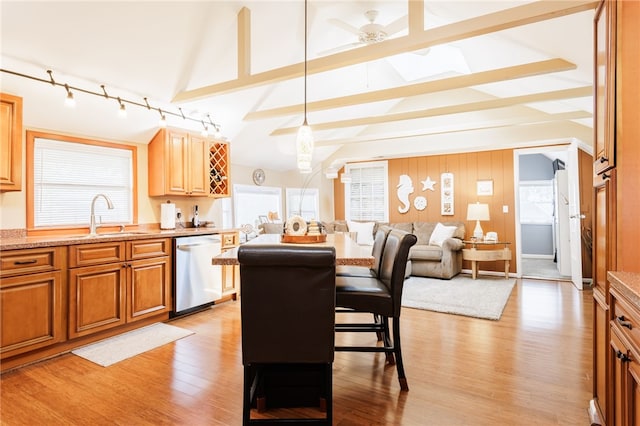 kitchen featuring stainless steel dishwasher, a sink, rail lighting, open floor plan, and light wood-style flooring