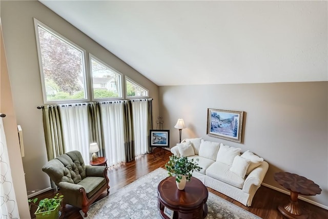living room with lofted ceiling, baseboards, and wood finished floors