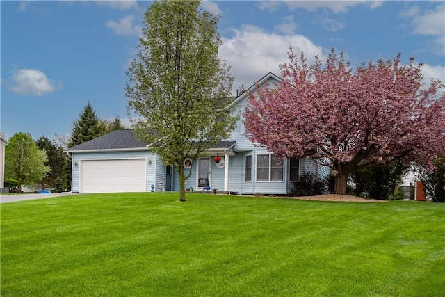 view of property hidden behind natural elements featuring an attached garage and a front yard