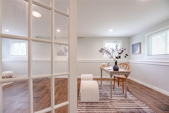 office with wood finished floors, baseboards, and recessed lighting