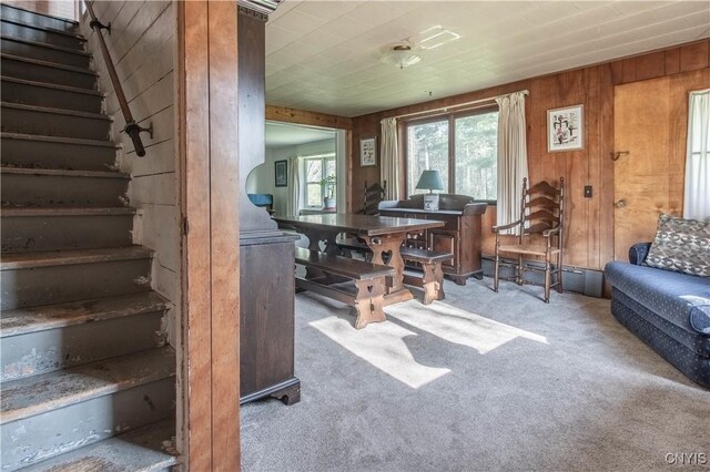37931 State Route 12e, Clayton, NY 13624 - living room with carpet floors, wooden walls, and stairway