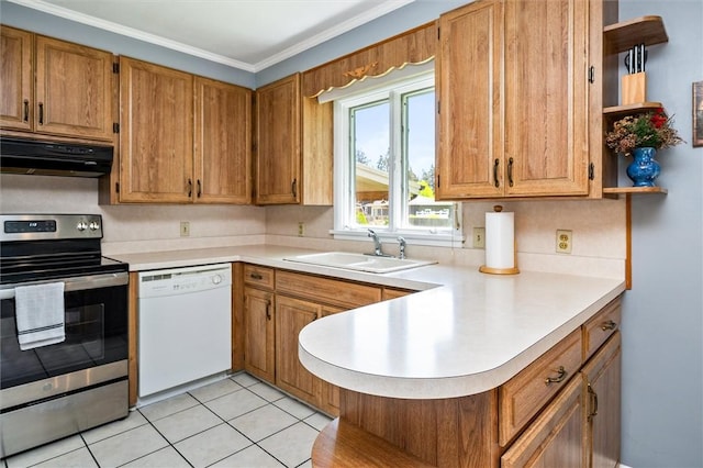 kitchen with stainless steel range with electric cooktop, dishwasher, under cabinet range hood, open shelves, and a sink
