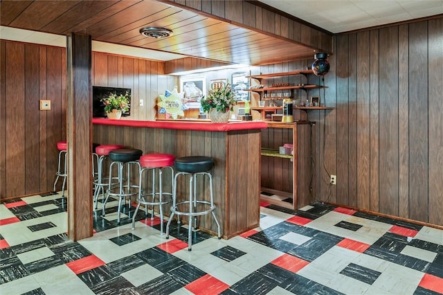 indoor dry bar featuring tile patterned floors and wooden walls