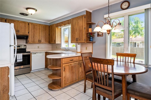 kitchen with open shelves, white appliances, a sink, a peninsula, and brown cabinetry