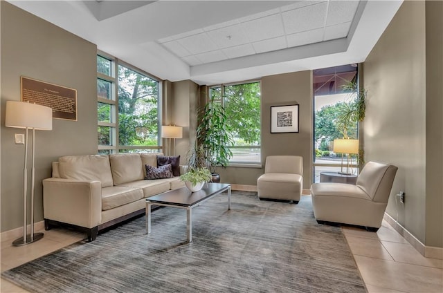132 Lakefront Blvd Unit 104, Buffalo, NY 14202 - living area featuring tile patterned flooring, baseboards, plenty of natural light, and a tray ceiling