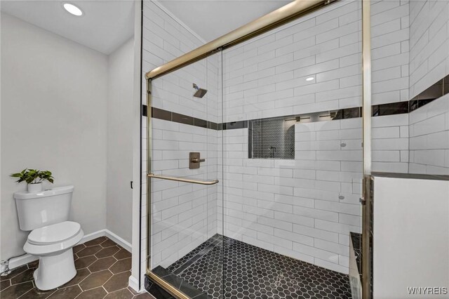 656 Auburn Ave, Buffalo, NY 14222 - bathroom with toilet, a stall shower, tile patterned floors, baseboards, and recessed lighting