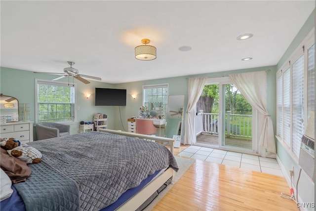 bedroom featuring access to exterior, wood finished floors, recessed lighting, and ceiling fan