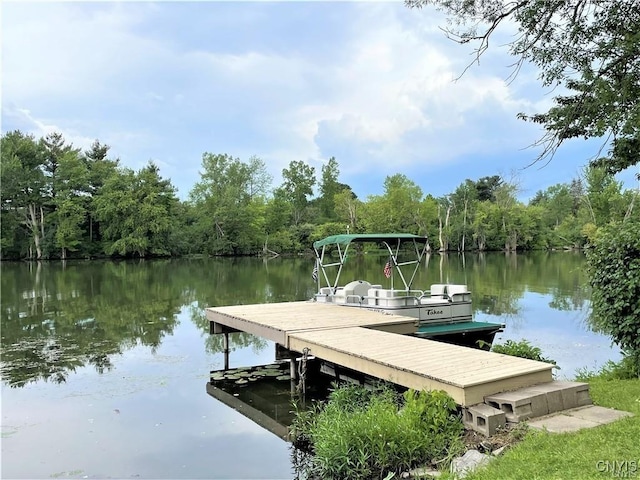 dock area with a water view and a forest view