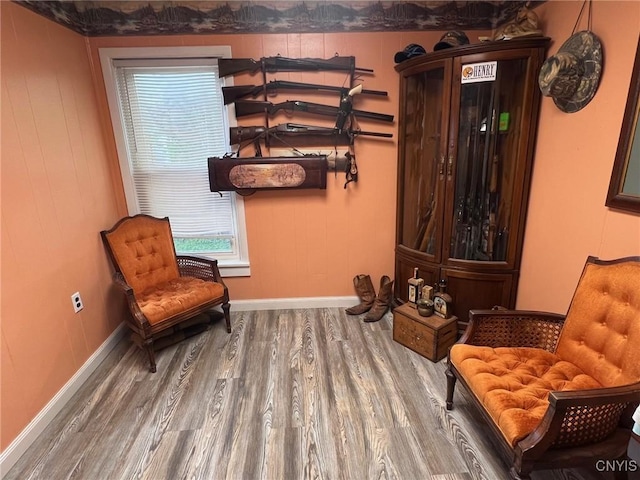sitting room featuring wood finished floors, baseboards, and wood walls