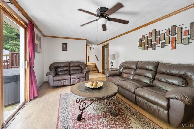 108 Pineledge Rd, Camillus, NY 13031 - living area featuring ceiling fan, light wood-type flooring, ornamental molding, and stairway