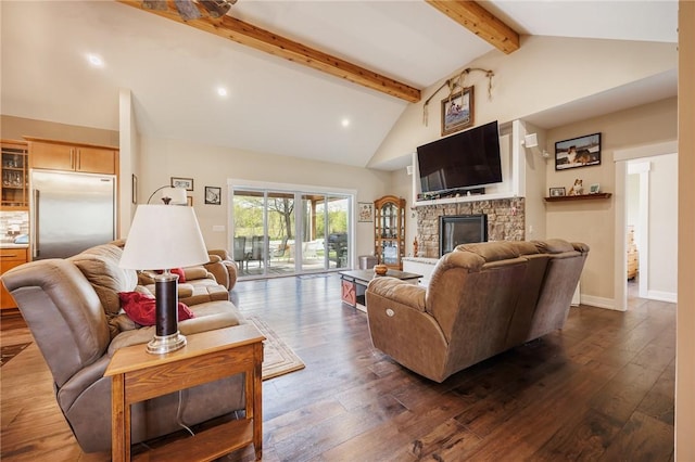 living area with beam ceiling, dark wood-style floors, a fireplace, high vaulted ceiling, and recessed lighting