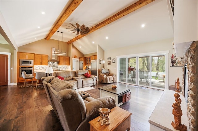 living area with beam ceiling, ceiling fan, dark wood-type flooring, and high vaulted ceiling