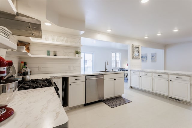 137 Vine St, Batavia-City, NY 14020 - kitchen featuring stainless steel dishwasher, open shelves, a sink, white cabinetry, and a peninsula