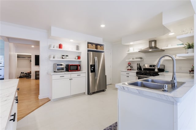 137 Vine St, Batavia-City, NY 14020 - kitchen with open shelves, appliances with stainless steel finishes, wall chimney range hood, white cabinetry, and tasteful backsplash
