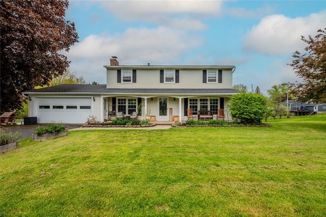 6 Whippletree Rd, Perinton, NY 14450 - view of front of home featuring a chimney, a porch, asphalt driveway, an attached garage, and a front lawn