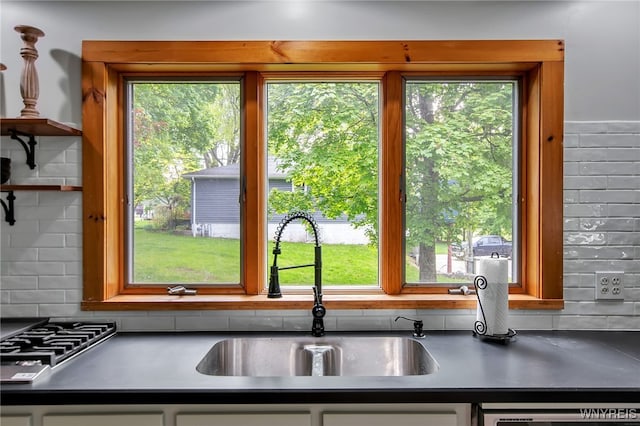 9466 Ridge Rd, Hartland, NY 14105 - kitchen featuring a sink, plenty of natural light, tasteful backsplash, and dark countertops