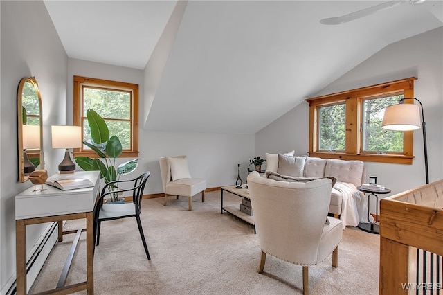 9466 Ridge Rd, Hartland, NY 14105 - office featuring carpet, vaulted ceiling, a baseboard radiator, and baseboards