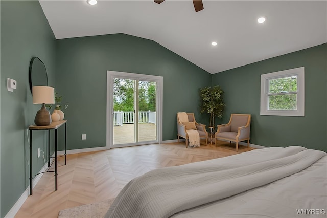 9466 Ridge Rd, Hartland, NY 14105 - bedroom featuring access to outside, baseboards, multiple windows, recessed lighting, and vaulted ceiling
