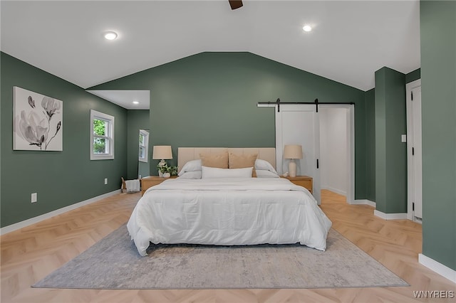 9466 Ridge Rd, Hartland, NY 14105 - bedroom featuring lofted ceiling, a barn door, baseboards, and recessed lighting