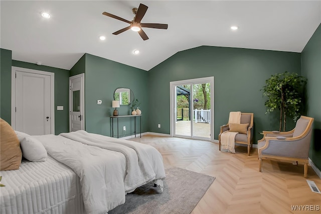 9466 Ridge Rd, Hartland, NY 14105 - bedroom featuring access to exterior, vaulted ceiling, baseboards, recessed lighting, and ceiling fan