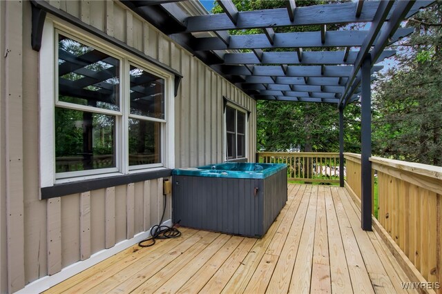 9466 Ridge Rd, Hartland, NY 14105 - wooden terrace with a hot tub and a pergola